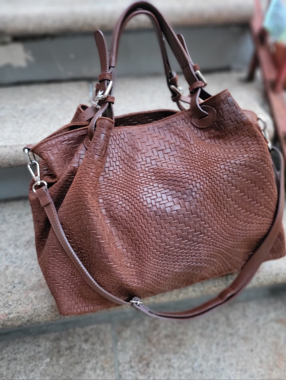 Woven Leather Tote Bag in Brown